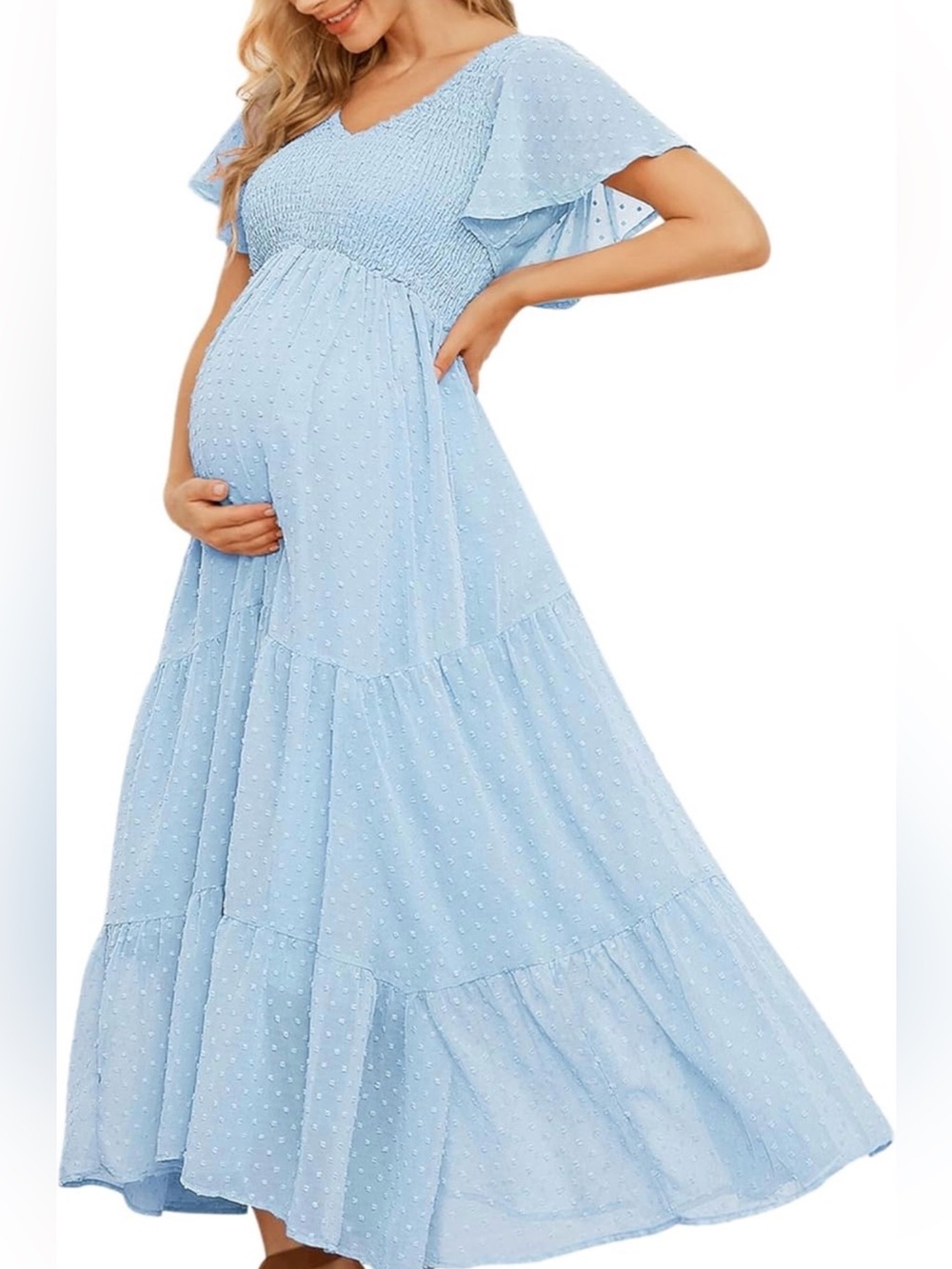 Swiss Dot Maternity Dress for Baby Shower Flowy V Neck Ruffle Sleeve Dress